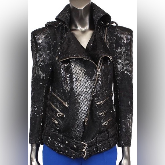 Stunning BALMAIN Sequin Motorcycle jacket Sold Out!! Size 36 like new condition - Picture 2 of 10